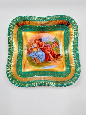 Royal Vienna Beehive Mark Antique Square Bowl Dish Muse Cupid Gold Green 9.75”